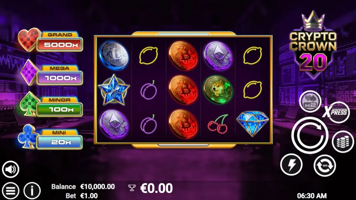 Tampilan antarmuka slot Crypto Crown 20 dengan simbol kripto dan buah neon