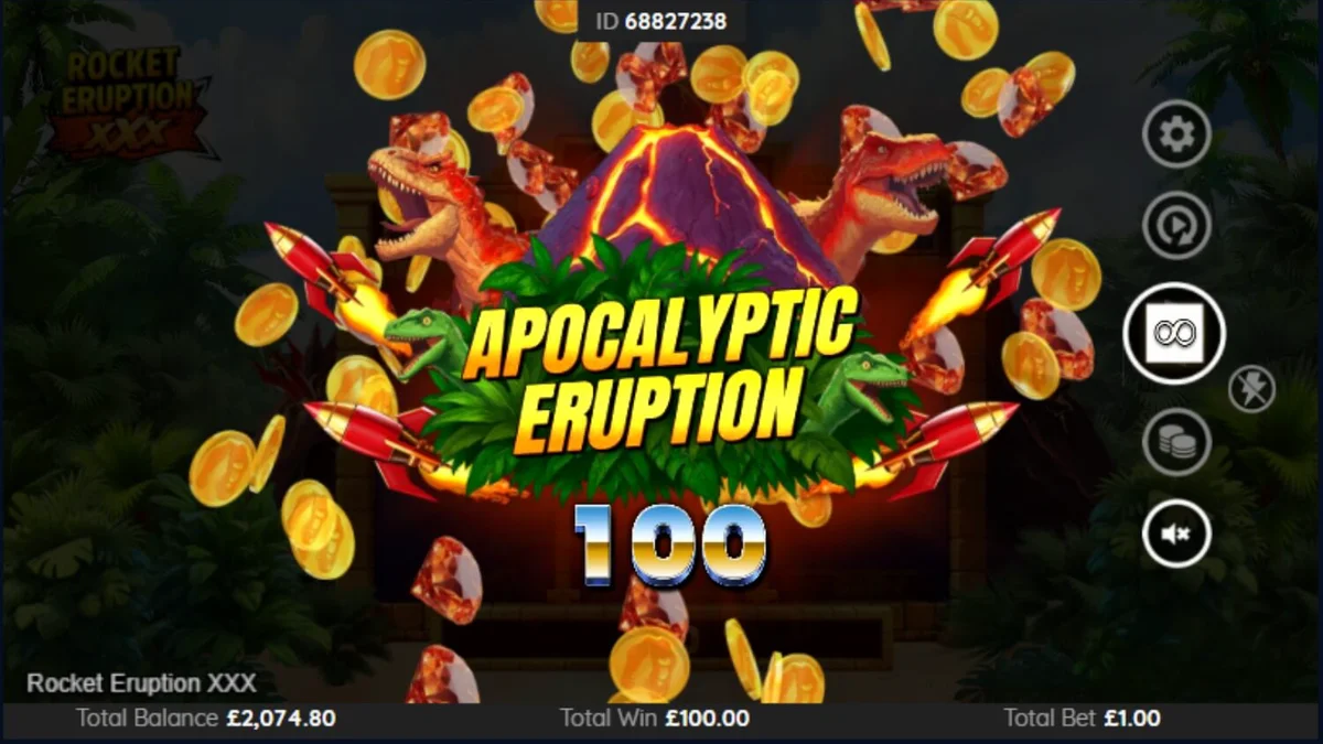 Tampilan visual mesin slot Rocket Eruption XXX dengan tema gunung berapi dan simbol retro.
